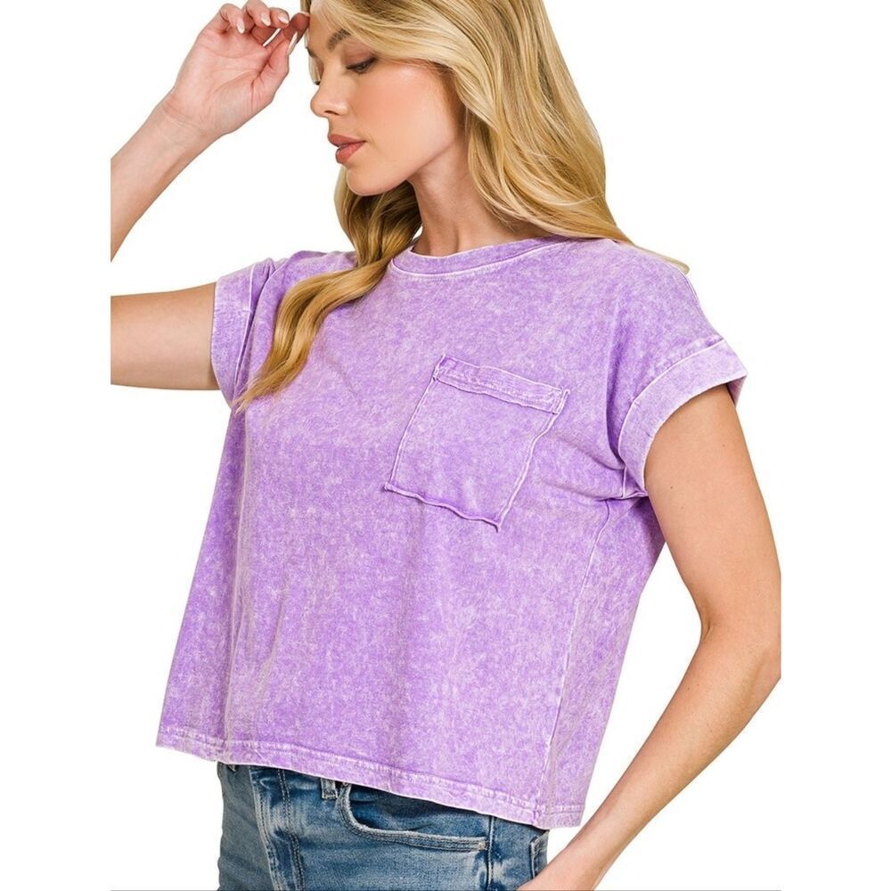 Zenana Washed Cotton Washed Lavender Pocket Tee sz Medium - Women's Casual Top